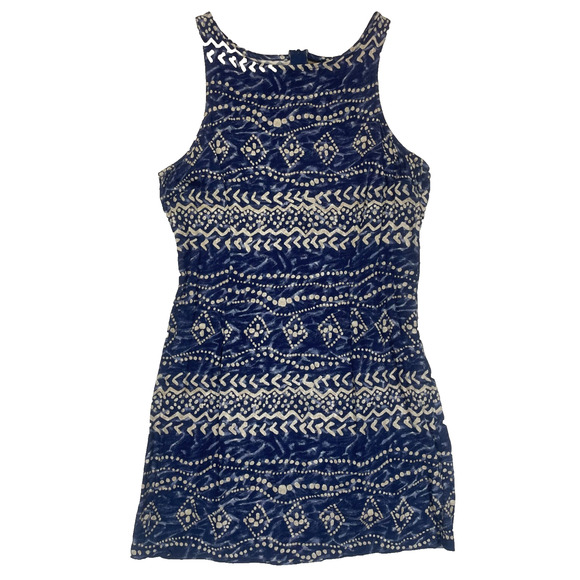 Vintage Blue 90s Rayon Tank Mini Dress Navy/White Print USA 13/14 Made In USA - Picture 1 of 8